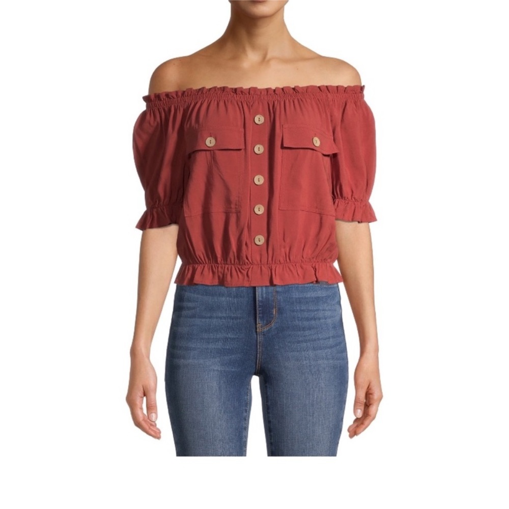 No Boundaries Off the Shoulder Top Rust Red Short Sleeve Blouse
